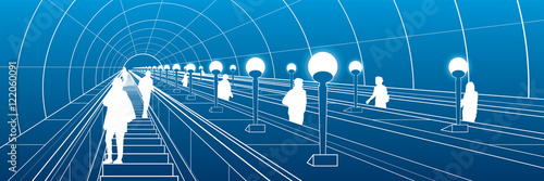 Metro escalator, people travel down the stairs, city scene, white lines on blue background, vector design art