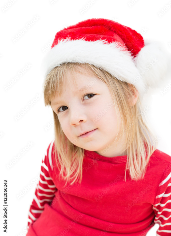 portrait of happy smiling blond girl in preschool age wearing santa claus costume, dressed as christmas elf, child looking satisfied and wicked, isolated on white background portrait of happy smiling blond girl in preschool age wearing santa claus costume, dressed as christmas elf, child looking satisfied and wicked, isolated on white background