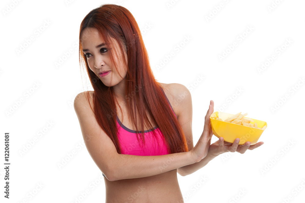 Asian healthy girl hate french fries, junk food. Asian healthy girl hate french fries, junk food.