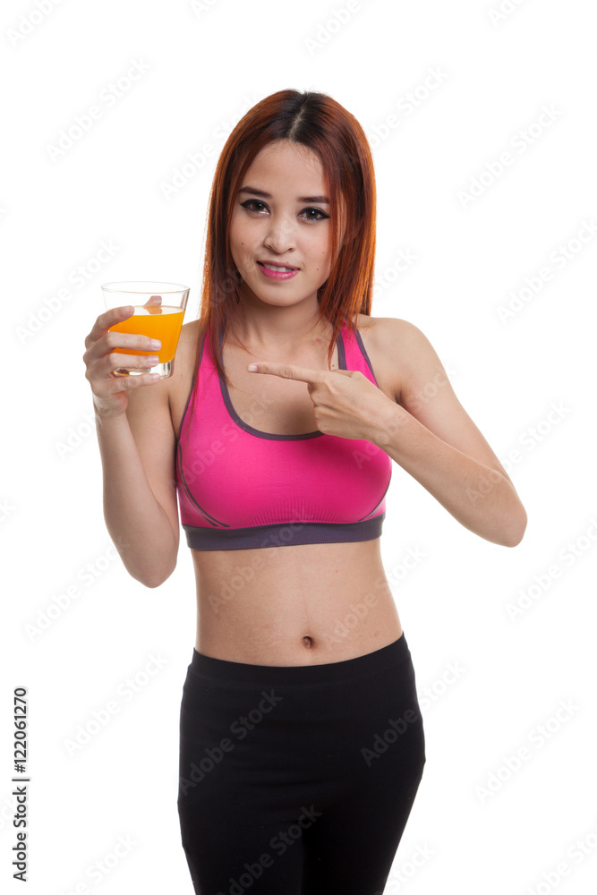 Beautiful Asian healthy girl point to orange juice. Beautiful Asian healthy girl point to orange juice.