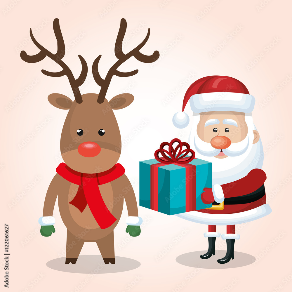 xmas card santa claus reindeer with gift blue isolated vector illustration xmas card santa claus reindeer with gift blue isolated vector illustration