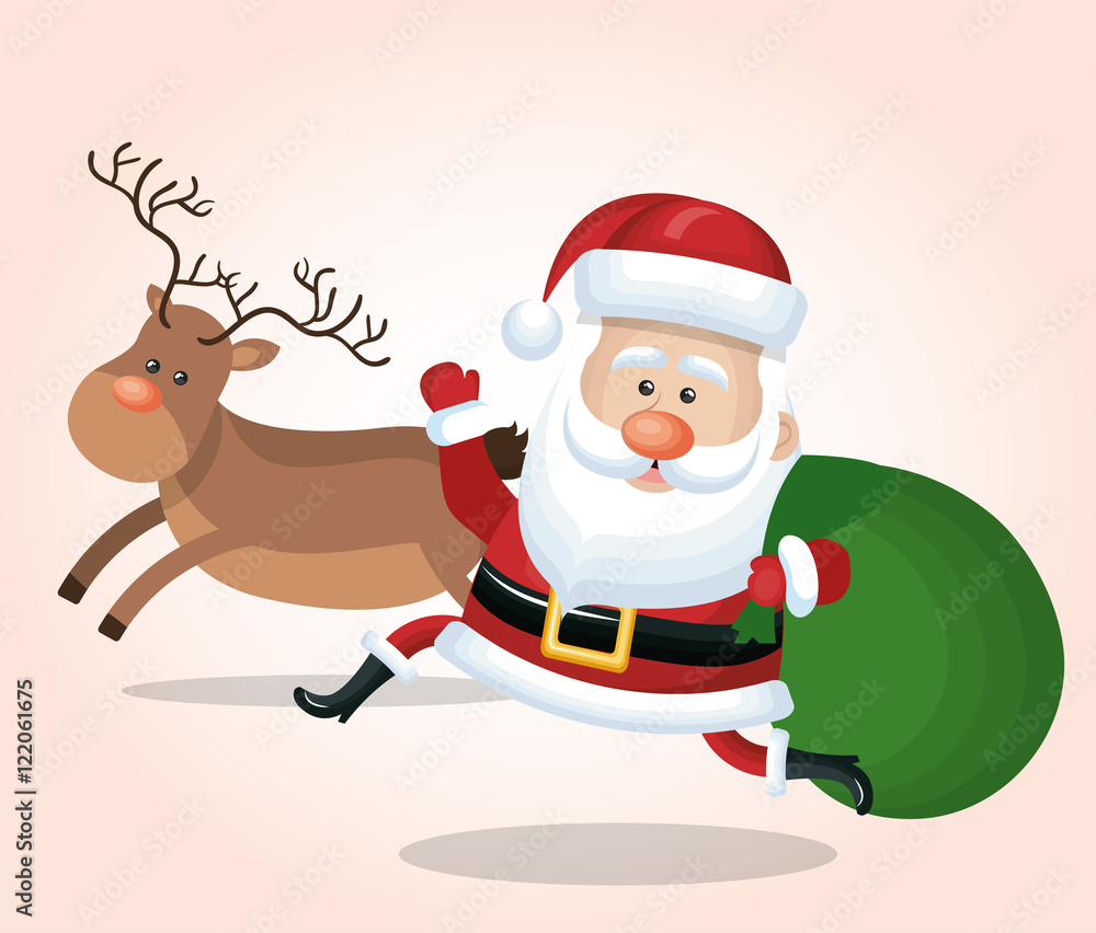 cheerful santa claus with reindeer and bag gift design isolated vector illustration cheerful santa claus with reindeer and bag gift design isolated vector illustration