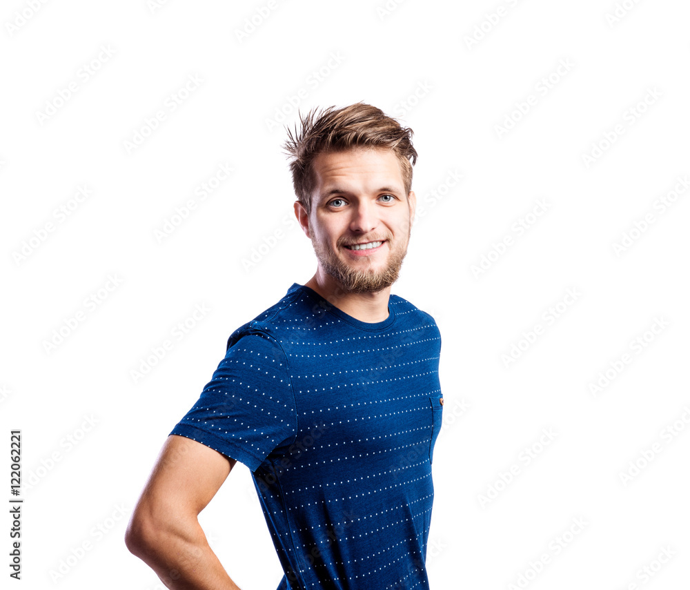 Obraz premium Hipster man in striped blue t-shirt, studio shot, isolated