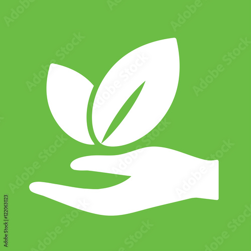 hand plant leaf home care eco bio icon simple white on green bac