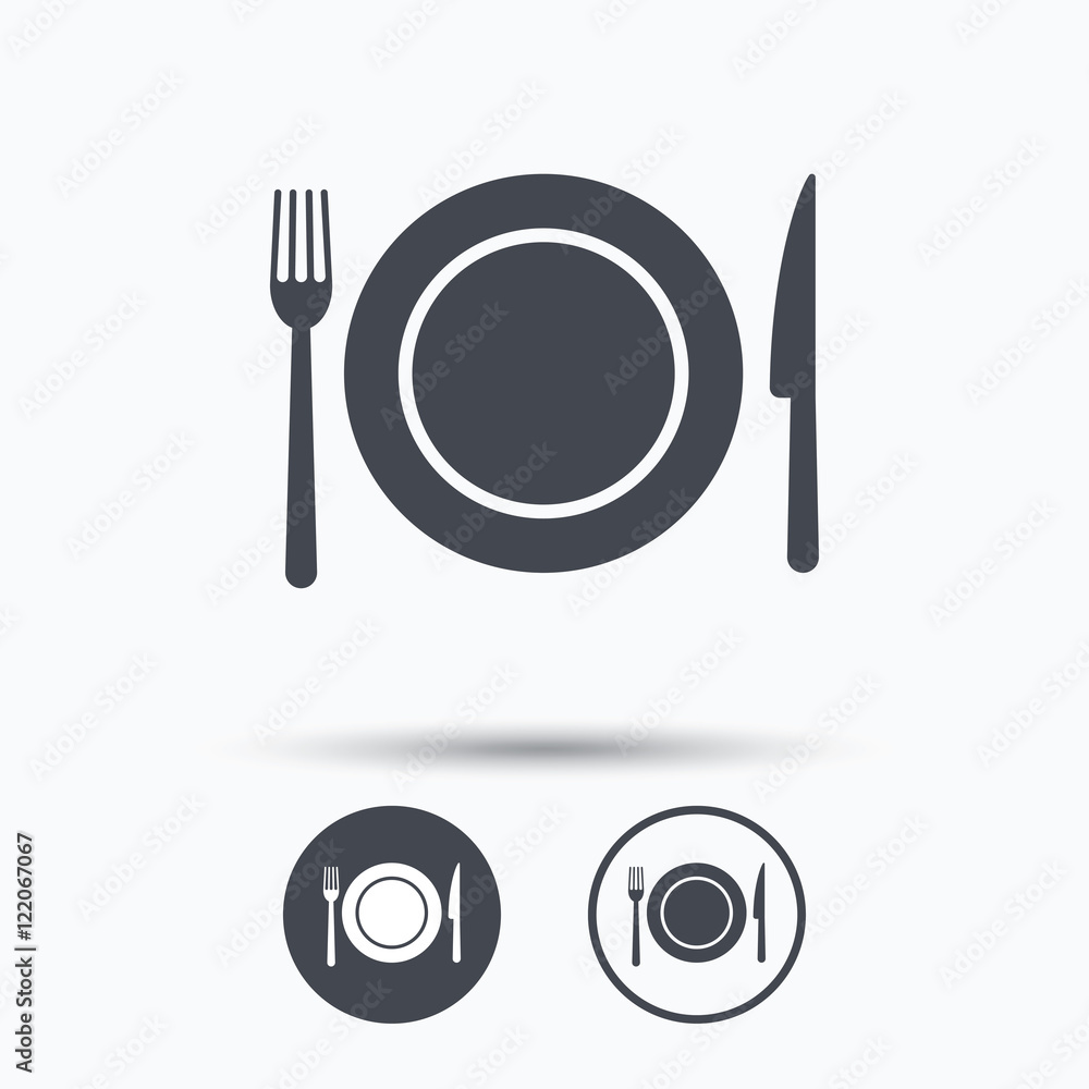 Dish, fork and knife icons. Cutlery sign. Dish, fork and knife icons. Cutlery sign.
