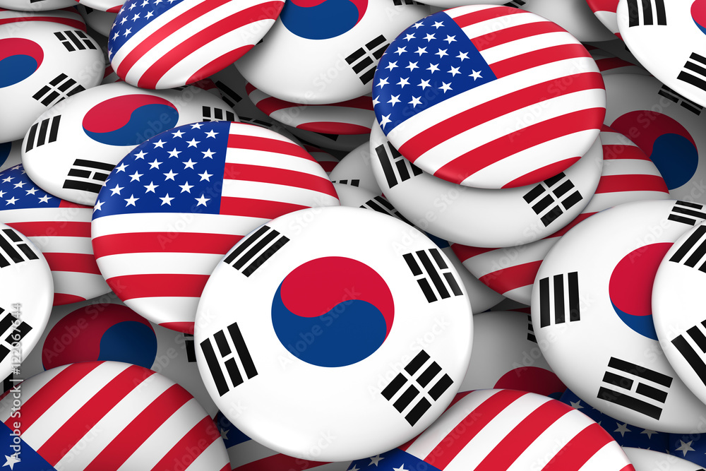 Usa And South Korea Badges Background Pile Of American And South Korean Flag Buttons 3d Illustration Stock Illustration Adobe Stock