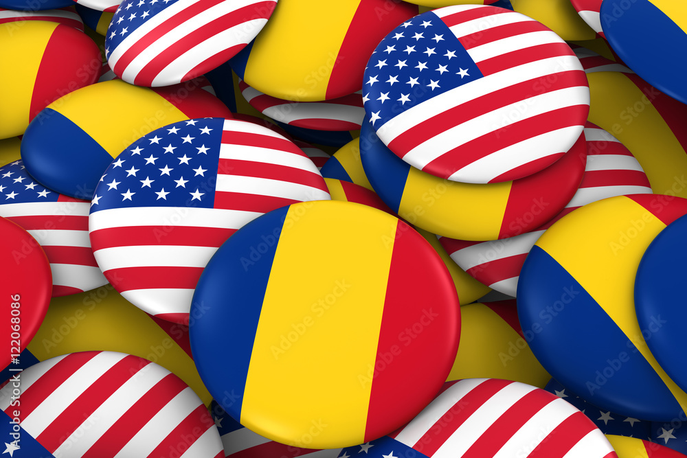 USA and Romania Badges Background - Pile of American and Romanian Flag Buttons 3D Illustration