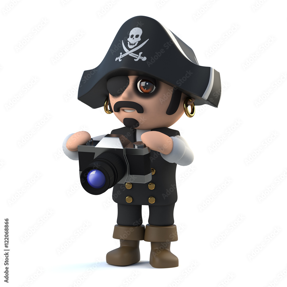 3d Cute pirate captain takes a photo with his camera