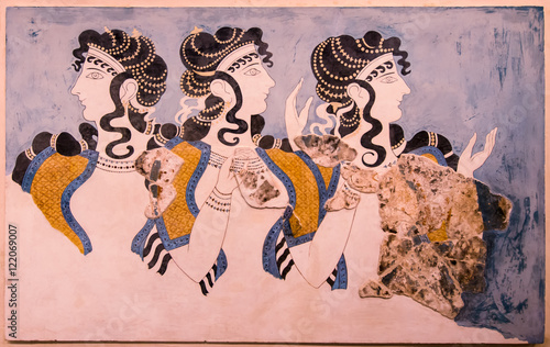 "Ladies in Blue" fresco at Knossos Palace, minoan archaeological site in Crete, Greece