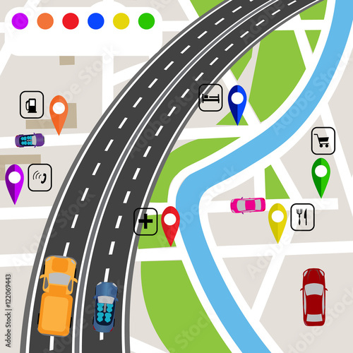 Road infographics. Slight bend in the road with markers on the map terrain. The path specifies the navigator. illustrations