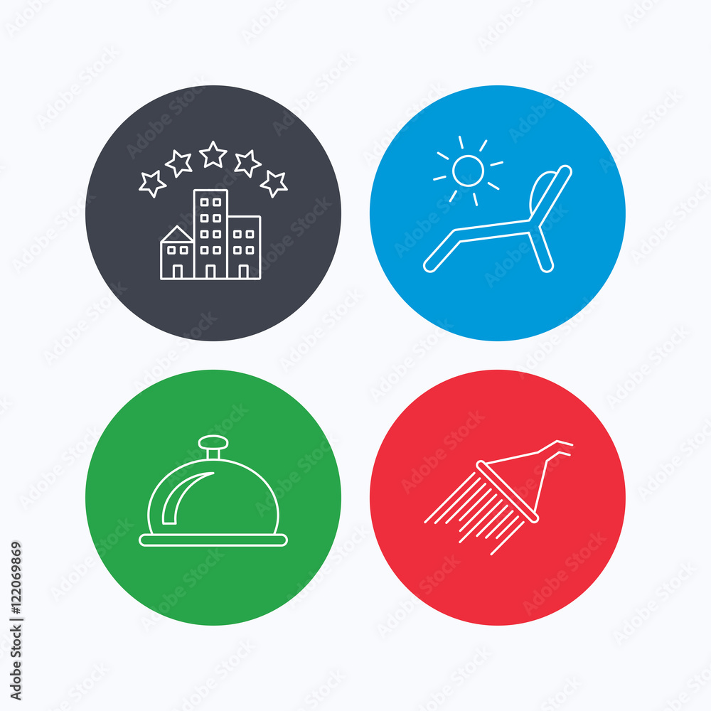 Hotel, shower and beach deck chair icons. Hotel, shower and beach deck chair icons.