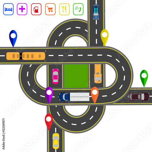 Road infographics. Noted on various objects map. Abstract transportation hub. The intersections of various roads. Transport illustration