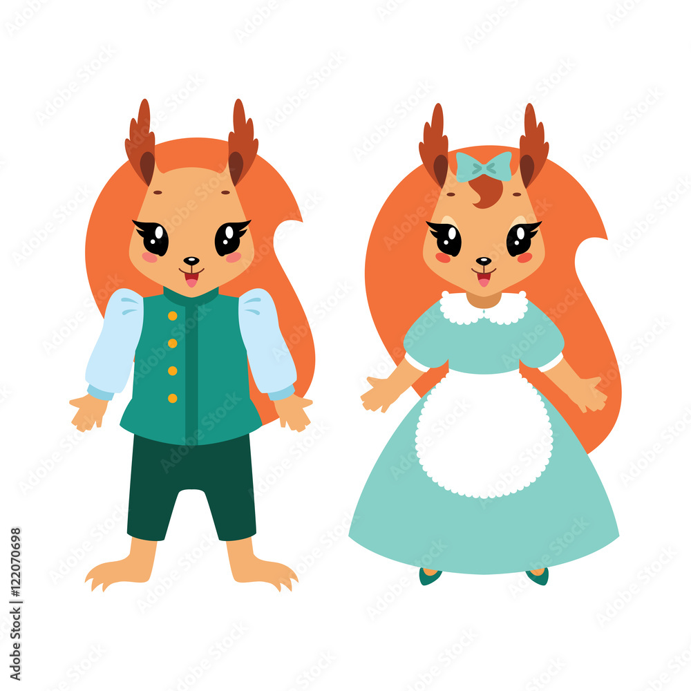 Cute cartoon dressed up girl and boy squirrels isolated on white background. Flat vector illustration. Cute cartoon dressed up girl and boy squirrels isolated on white background. Flat vector illustration.