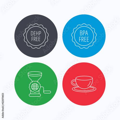 Coffee cup, meat grinder and BPA free icons.