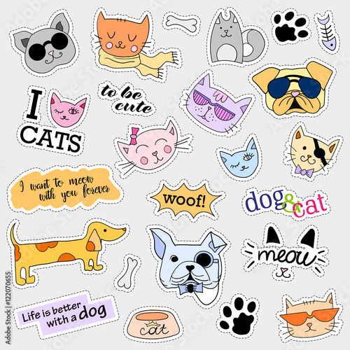 Fashion patch badges. Cat and dog set. Set of stickers, pins, patches and handwritten notes collection in cartoon 80s-90s comic style. Trend. Vector illustration isolated. Vector clip art.
