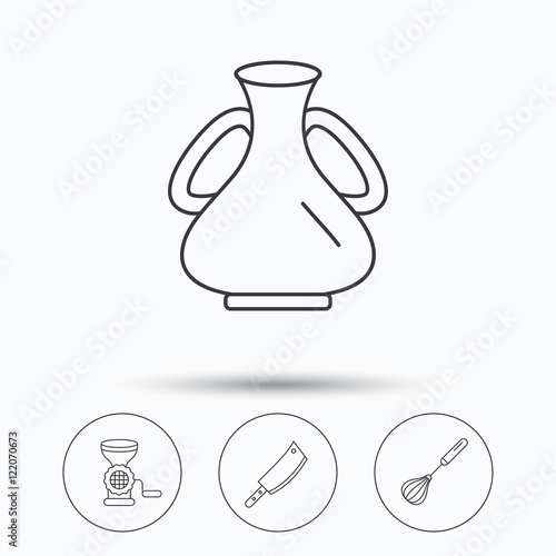Meat grinder, butcher knife and whisk icons.