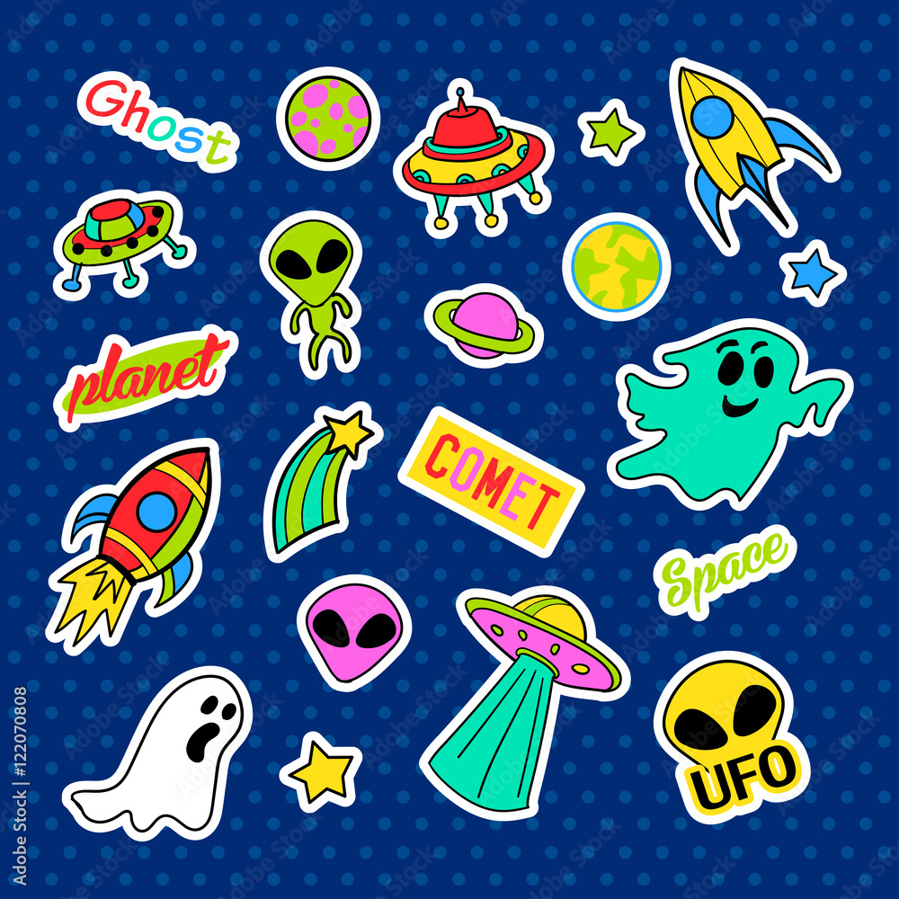 Fashion patch badges. Ufo set. Stickers, pins, patches and handwritten notes collection in cartoon 80s-90s comic style. Trend. Vector illustration isolated. Vector clip art. Fashion patch badges. Ufo set. Stickers, pins, patches and handwritten notes collection in cartoon 80s-90s comic style. Trend. Vector illustration isolated. Vector clip art.