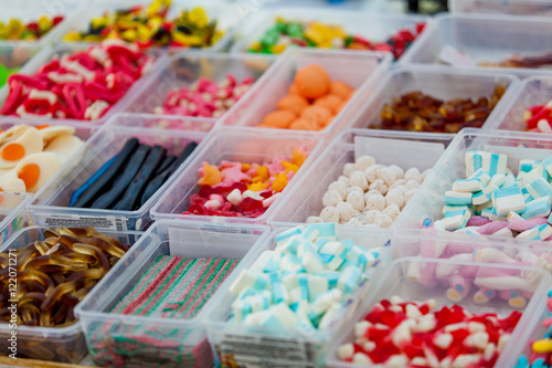 Assorted candy in a market. colorful candies and jellies