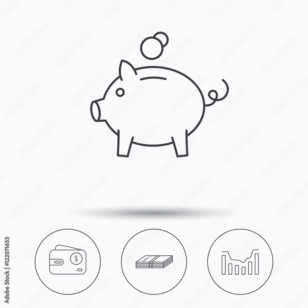 Piggy bank, cash money and dynamics chart icons. Piggy bank, cash money and dynamics chart icons.