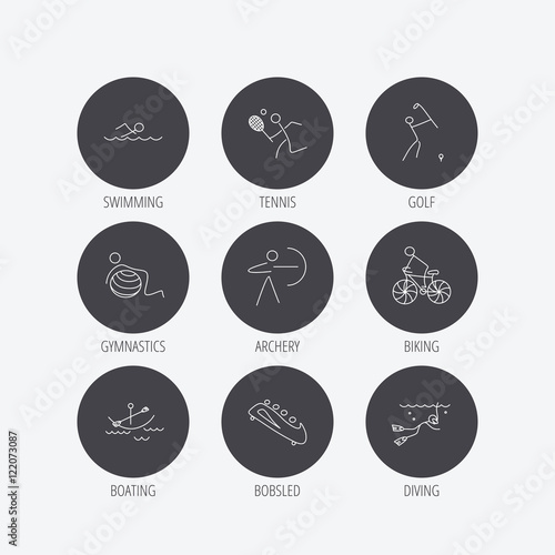 Swimming, tennis and golf icons. Biking, diving.