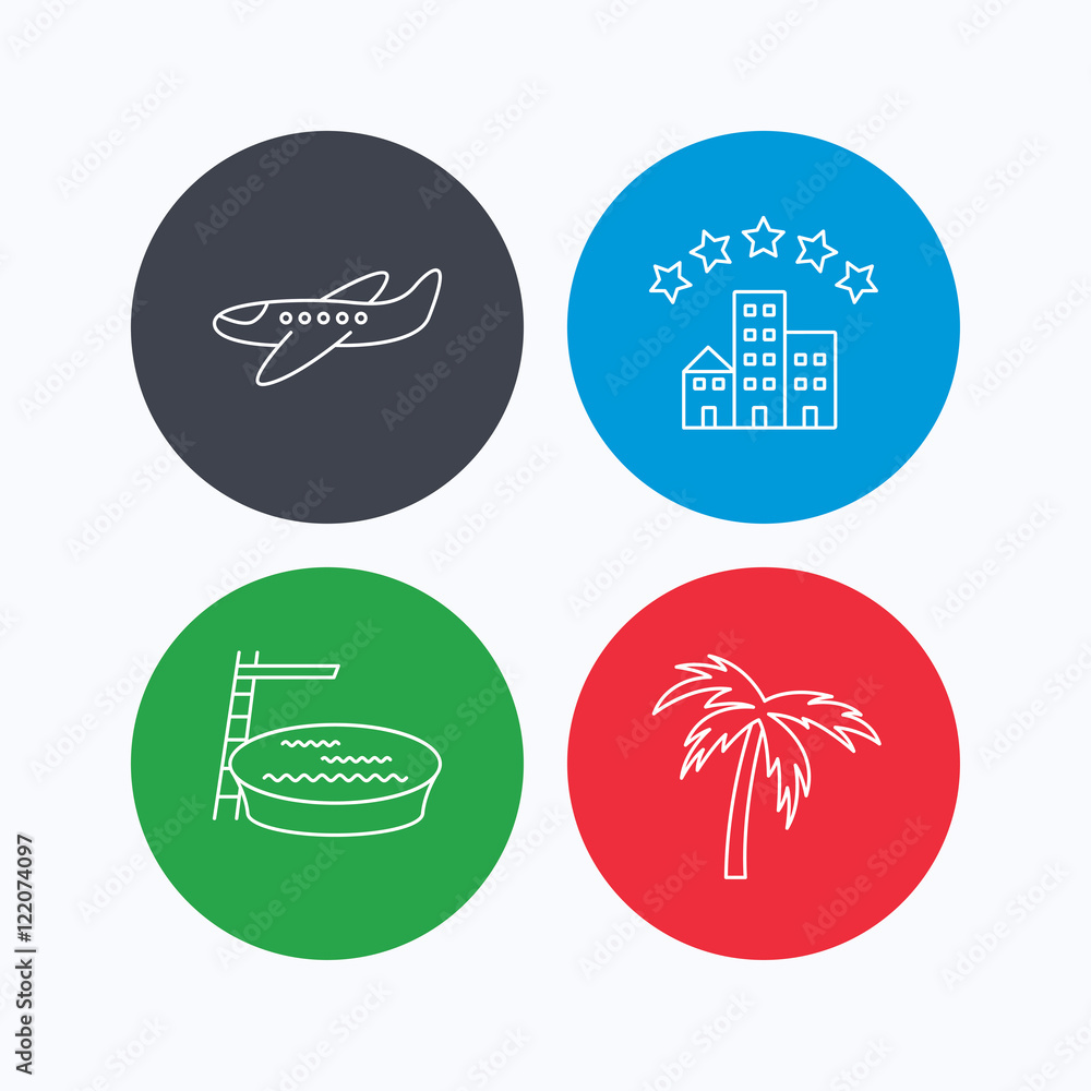 Swimming pool, airplane and palm tree icons.