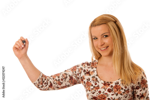 Cute blond woman writing on blank transparent board with a marke