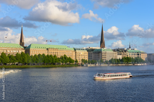 View of the Alster in Hamburg, Germany with a boat