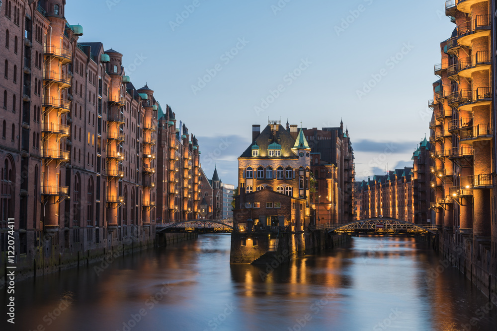 Hamburg, Germany - Popular Water Castle in the warehouse district Hamburg in the evening