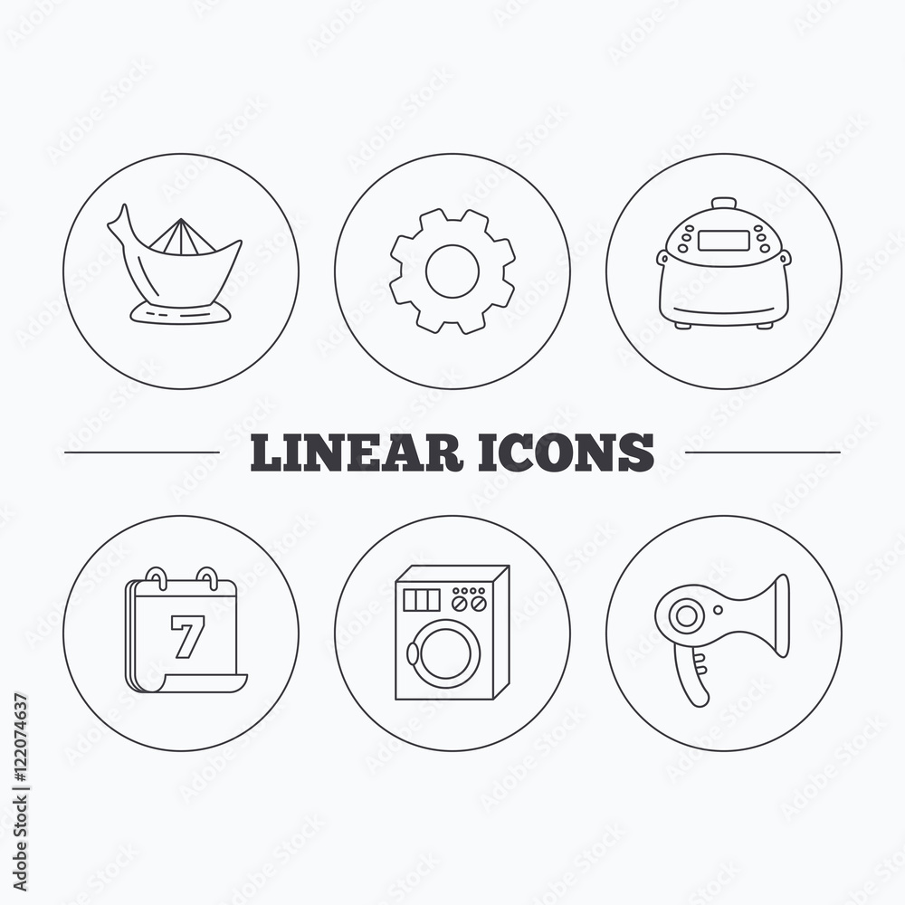 Washing machine, multicooker and hair dryer icons. Washing machine, multicooker and hair dryer icons.