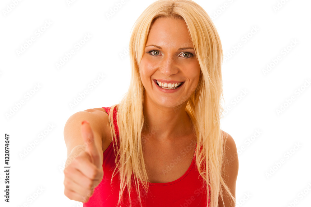 woamn in red summer dress showing thumb up as a sign for success woamn in red summer dress showing thumb up as a sign for success