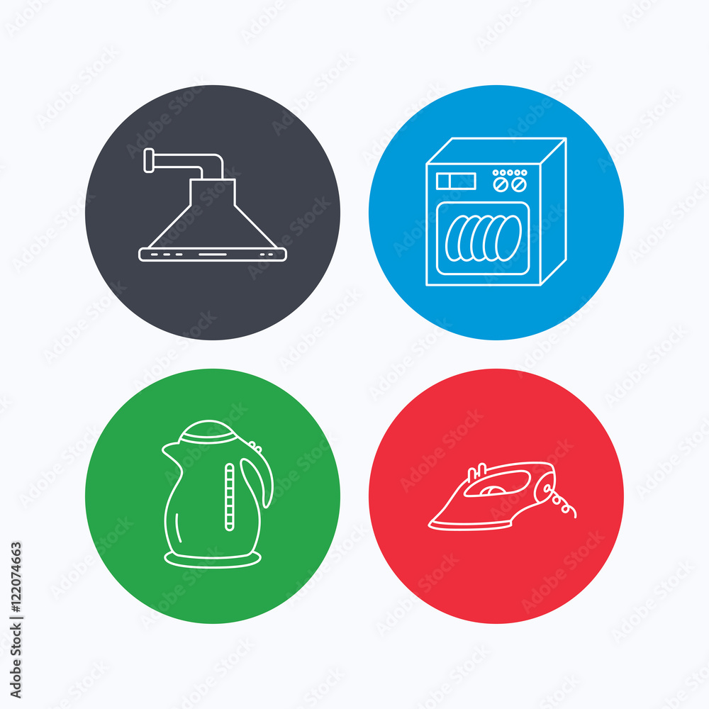 Dishwasher, kettle and kitchen hood icons. Dishwasher, kettle and kitchen hood icons.