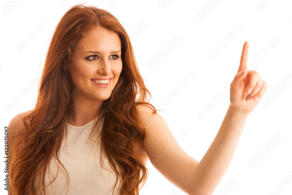 Business woman pointing to copy space while presenting a product Business woman pointing to copy space while presenting a product