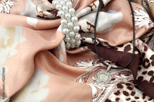 Satin kerchief and pearl bracelet - fashion jewelry advertising