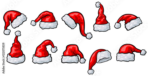 Set: Rot-weiße Comic-Weihnachtsmützen / Vektor, freigestellt