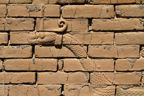 Mushussu, the dragon of Marduk, depicted as bas-relief on the original Ishtar gate, ancient Babylon, Iraq.