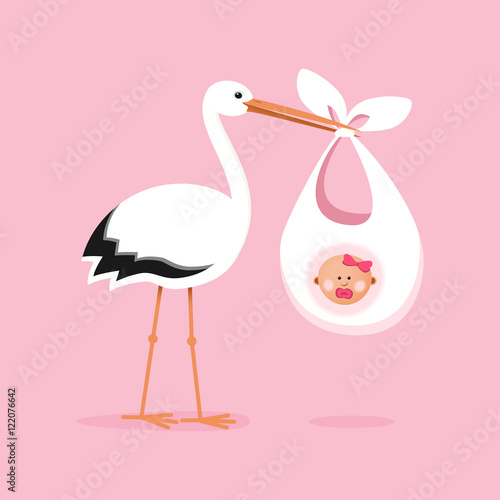 Stork carrying a cute baby girl. Child delivery by a white stork.
