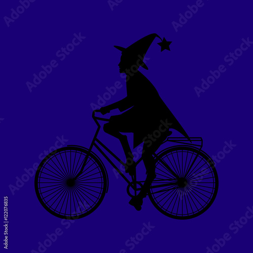 Witch riding a bicycle on Halloween, flat style