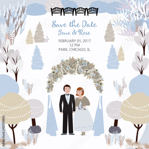 Wedding card with a couple in the winter garden and arch.