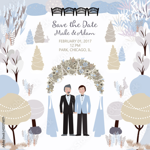 Vector card with an illustration of gays wedding ceremony in the winter garden.