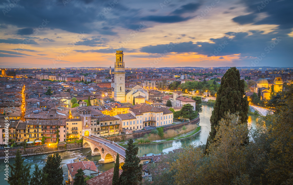 Verona, Veneto, Italy. The old city of Verona during sunset.