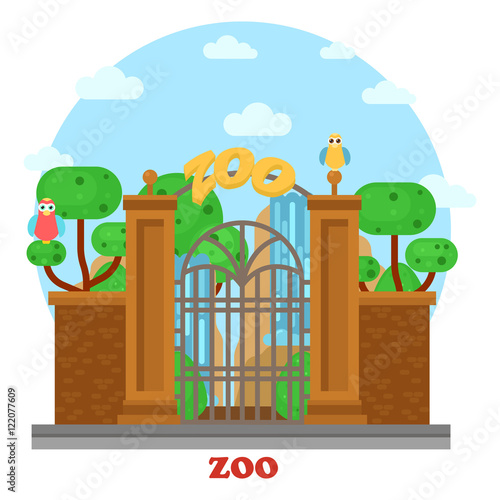 Zoo entrance with waterfall and parrots on tree