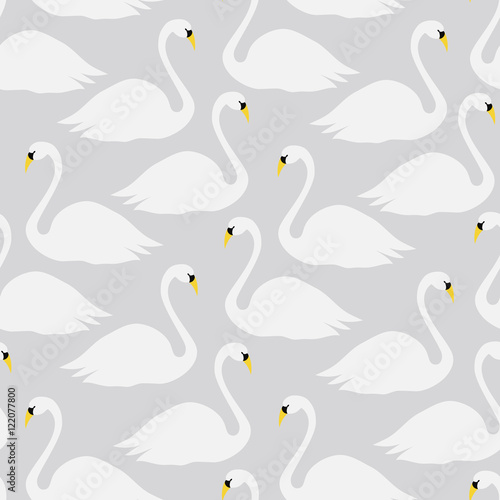 Seamless pattern with swans in white on gray background. 