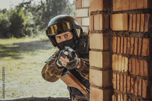 The man in the image of a member of the special forces division. Russian police special force - Special Rapid Response Unit or SOBR (Spetsnaz). photo