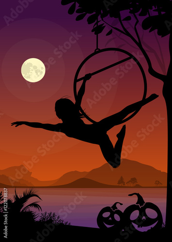 Halloween Style Silhouette of Air Gymnast . Black vector silhouette of female aerial hoop performer in front of river and full moon at night.