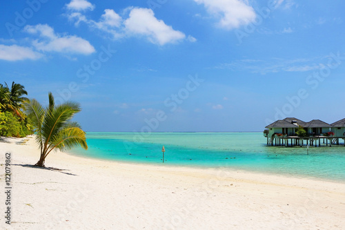 white beach with coconut palms and water bungalows on the Maldives