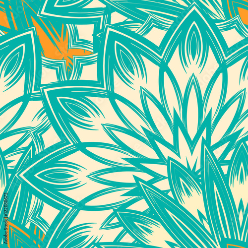 Seamless floral background. Tracery handmade nature ethnic fabric backdrop pattern with flowers. Textile design texture. Decorative color art. Vector.