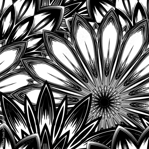 Seamless floral background. Tracery handmade nature ethnic fabric backdrop pattern with flowers. Textile design texture. Decorative binary monochrome black and white art. Vector.