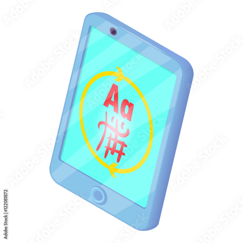 Translation from foreign language on phone icon in cartoon style isolated on white background. Translate symbol vector illustration