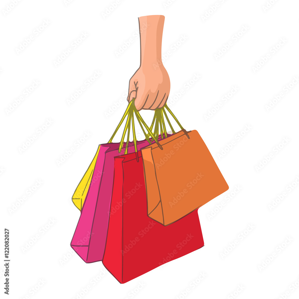 Hand with packages shopping icon in cartoon style isolated on white background. Purchase symbol vector illustration