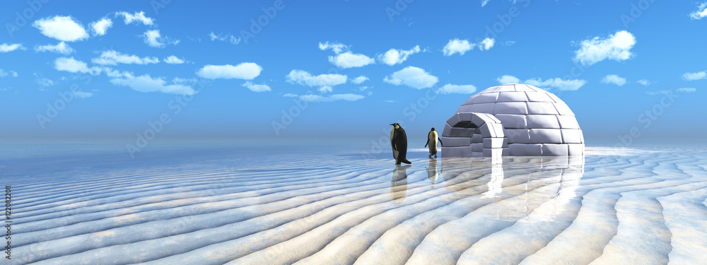 penguins coming out of an igloo - obrazy, fototapety, plakaty 